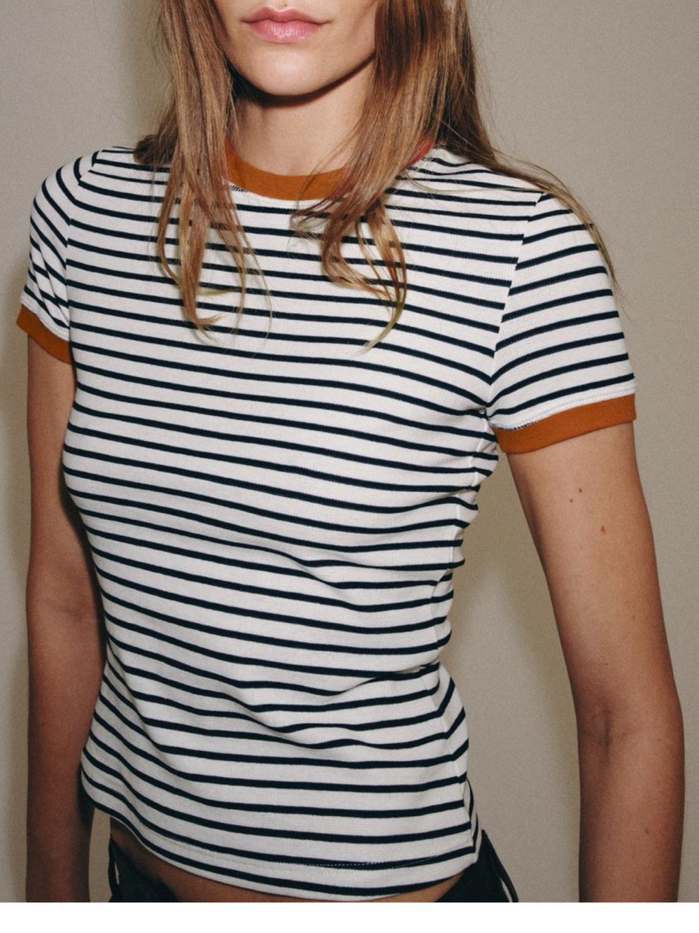 Striped Short Sleeve Tee with Contrast Trim - White & Brown